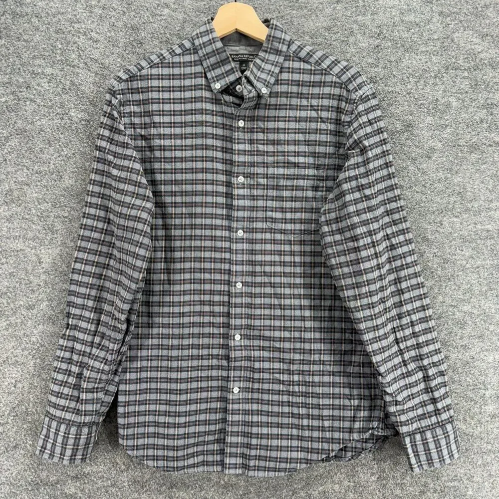 Banana Republic Shirt Men M Medium Gray Plaid Button Up Collared Long Sleeve